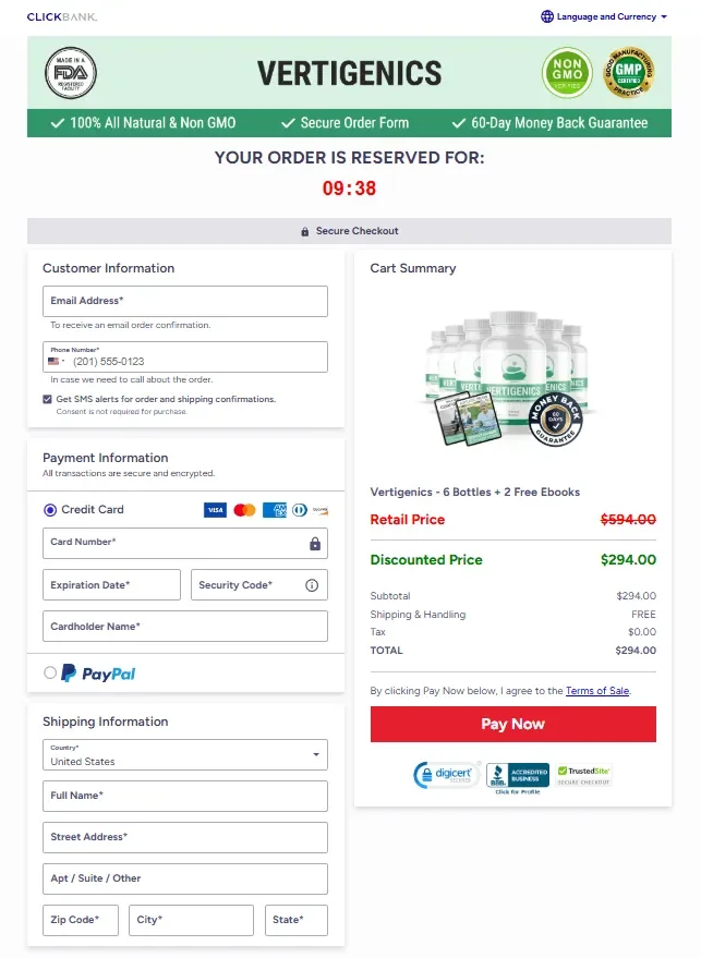 Vertigenics order page